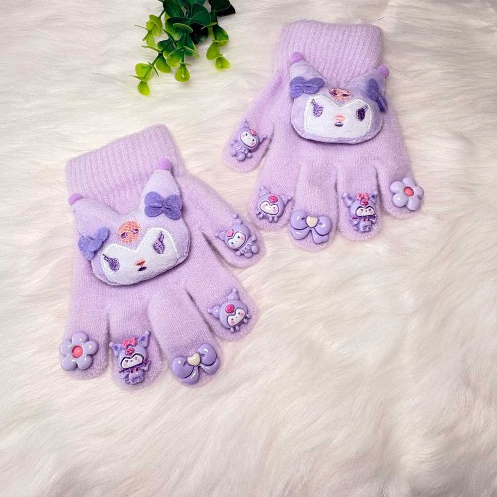 Cute Kuromi Character Kids Fuzzy Gloves‎